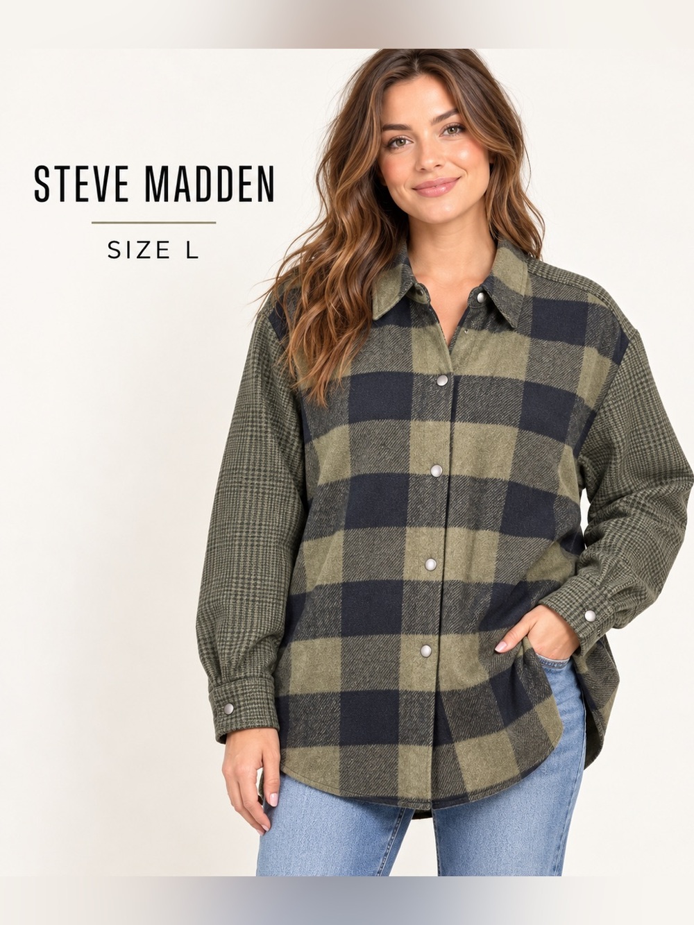 Steve Madden Size L Olive & Navy Mixed Plaid Button-Up Shacket